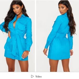 Blue Utility Tie Waist Shirt Dress